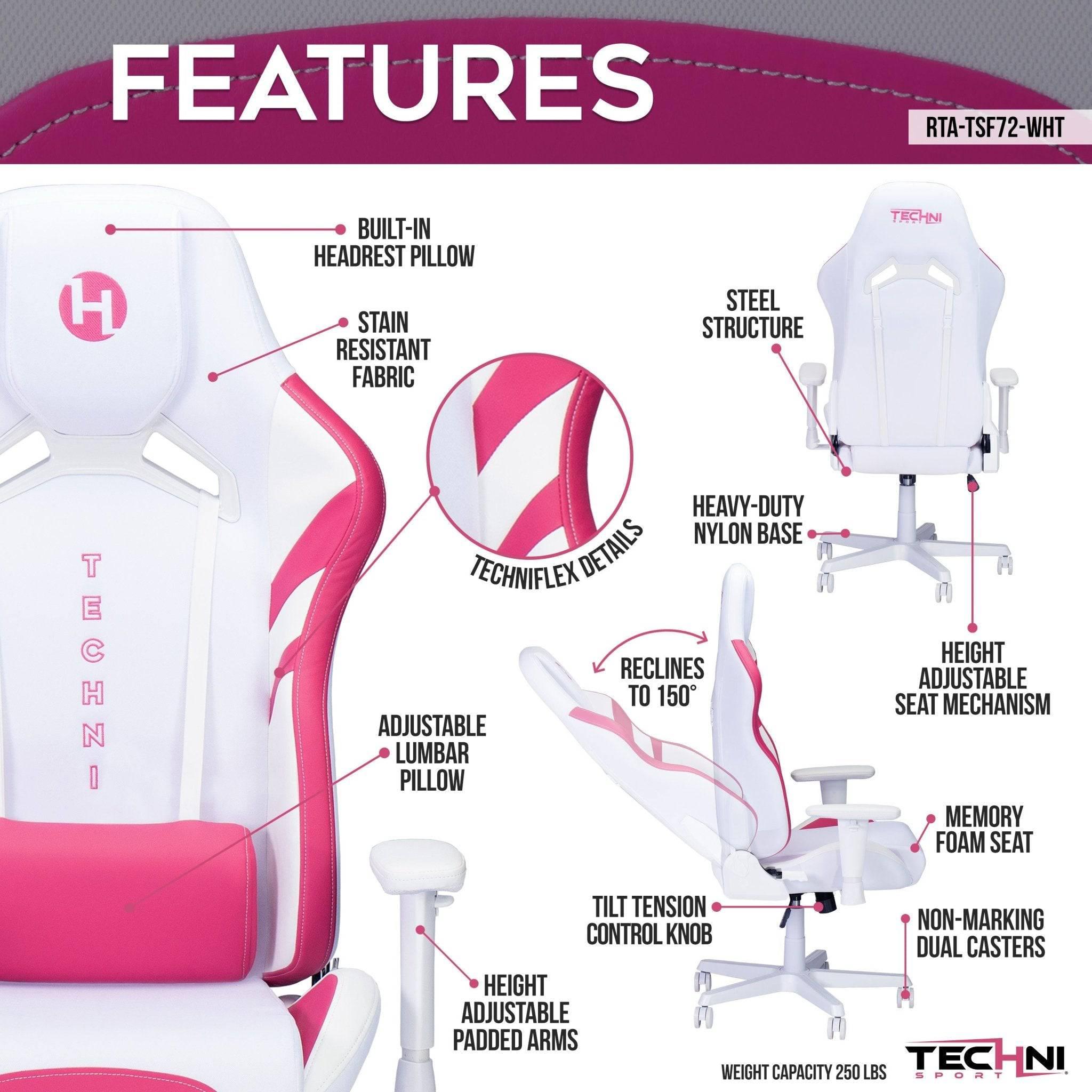 Techni Sport TSF72 Echo Gaming Chair - White and Pink Edition - Platinum-Level Office Chairs