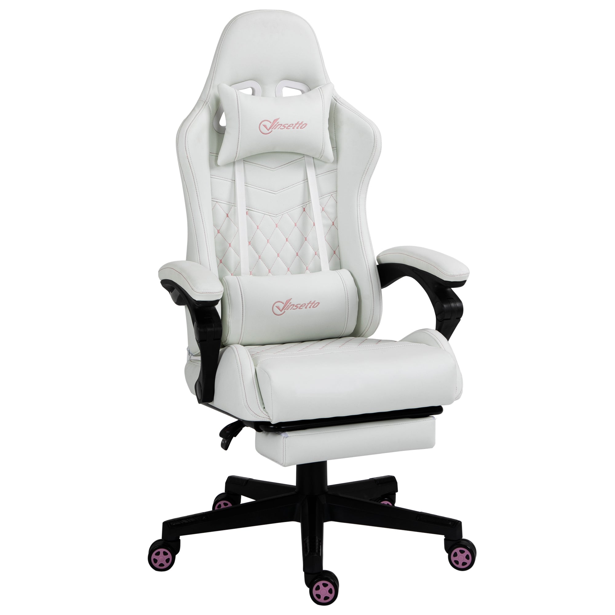 Vinsetto High Back PU Leather Gaming Chair, Racing Computer Chair with Swivel Wheels, Retractable Footrest, Headrest, Lumbar Support, and Armrest, White and Pink - Platinum-Level Office Chairs