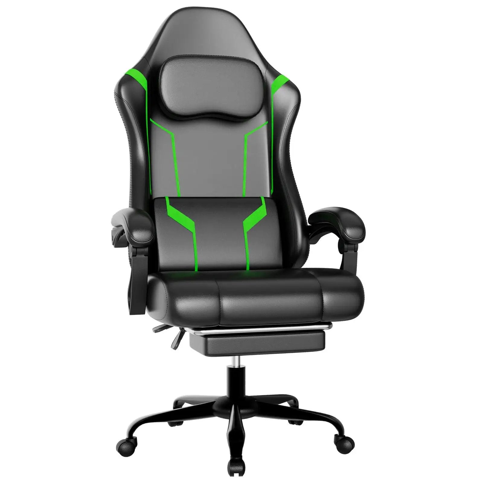 Green ergonomic gaming chair by Platinum-Level Office Chairs with independent spring system and retractable footrest for comfort.