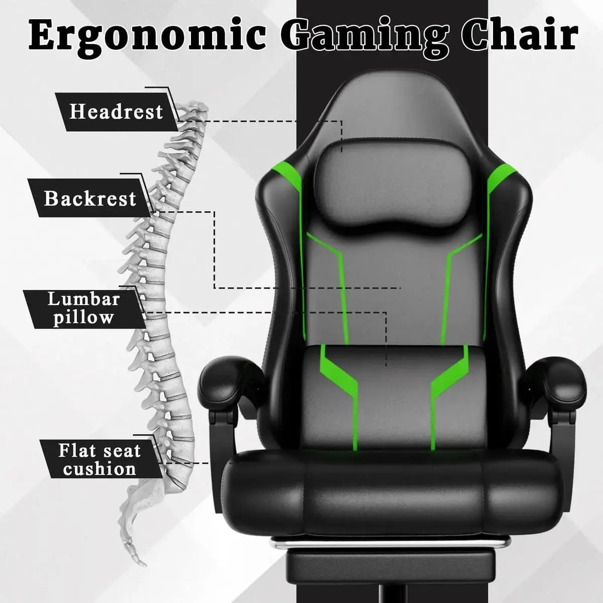Green ergonomic gaming chair by Platinum-Level Office Chairs with independent spring system and retractable footrest for comfort.