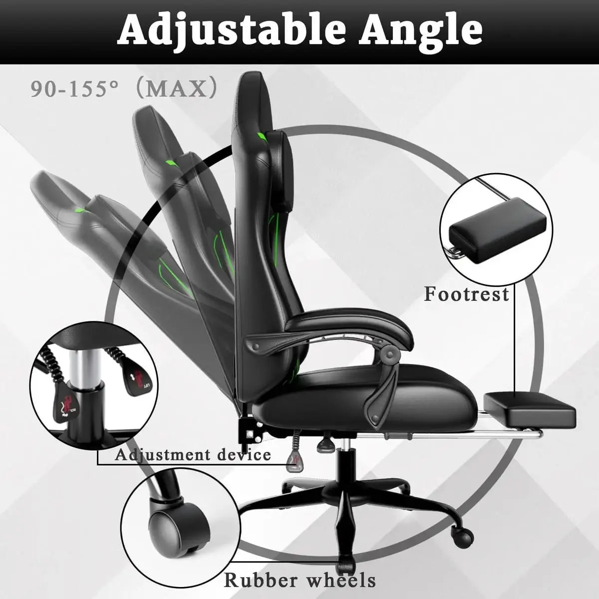 Green ergonomic gaming chair by Platinum-Level Office Chairs with independent spring system and retractable footrest for comfort.