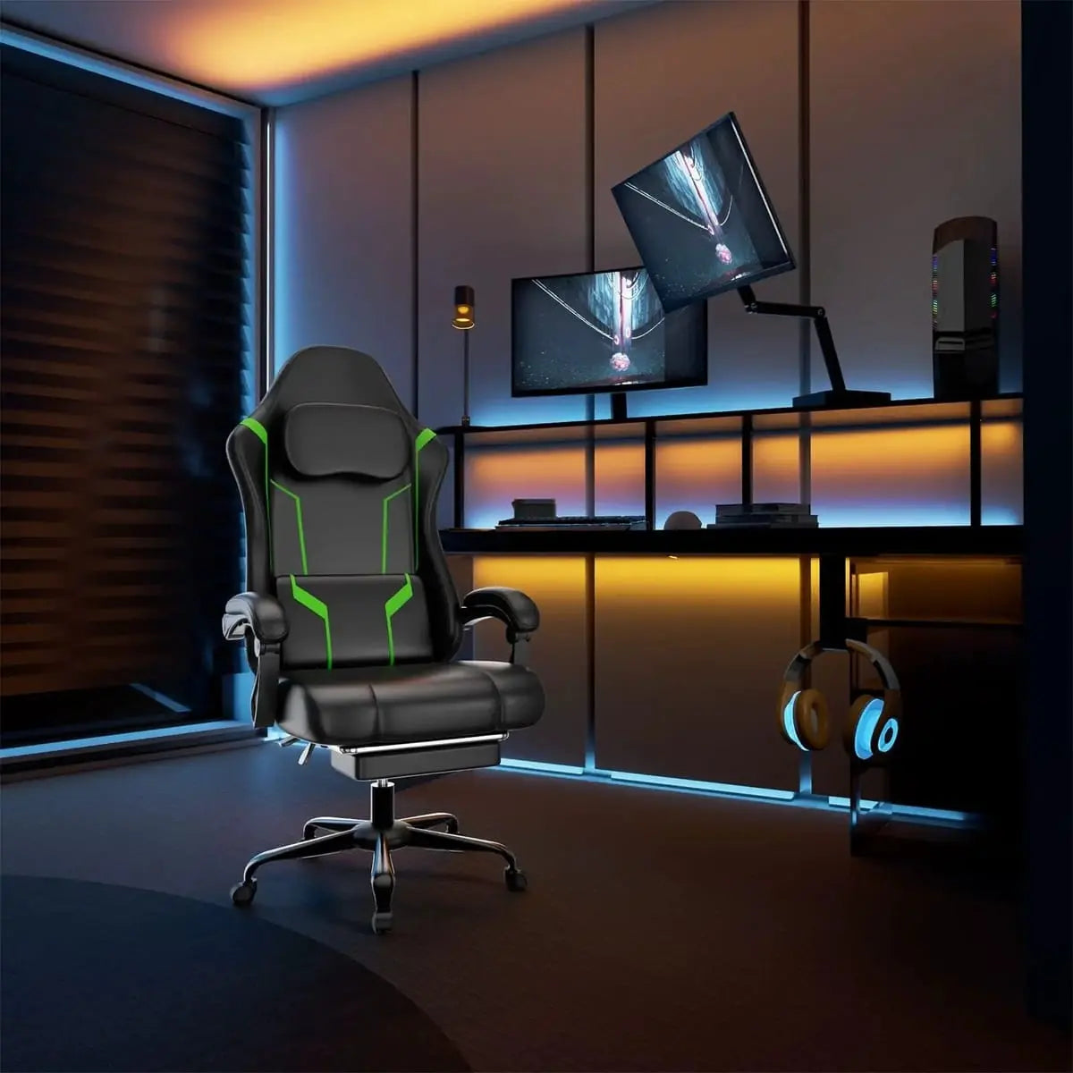 Green ergonomic gaming chair by Platinum-Level Office Chairs with independent spring system and retractable footrest for comfort.