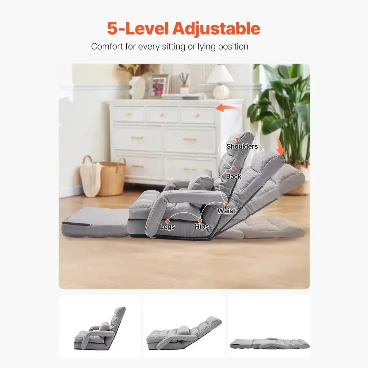 Gray Folding Floor Chair by Platinum-Level Office Chairs, adjustable for gaming and reading comfort.