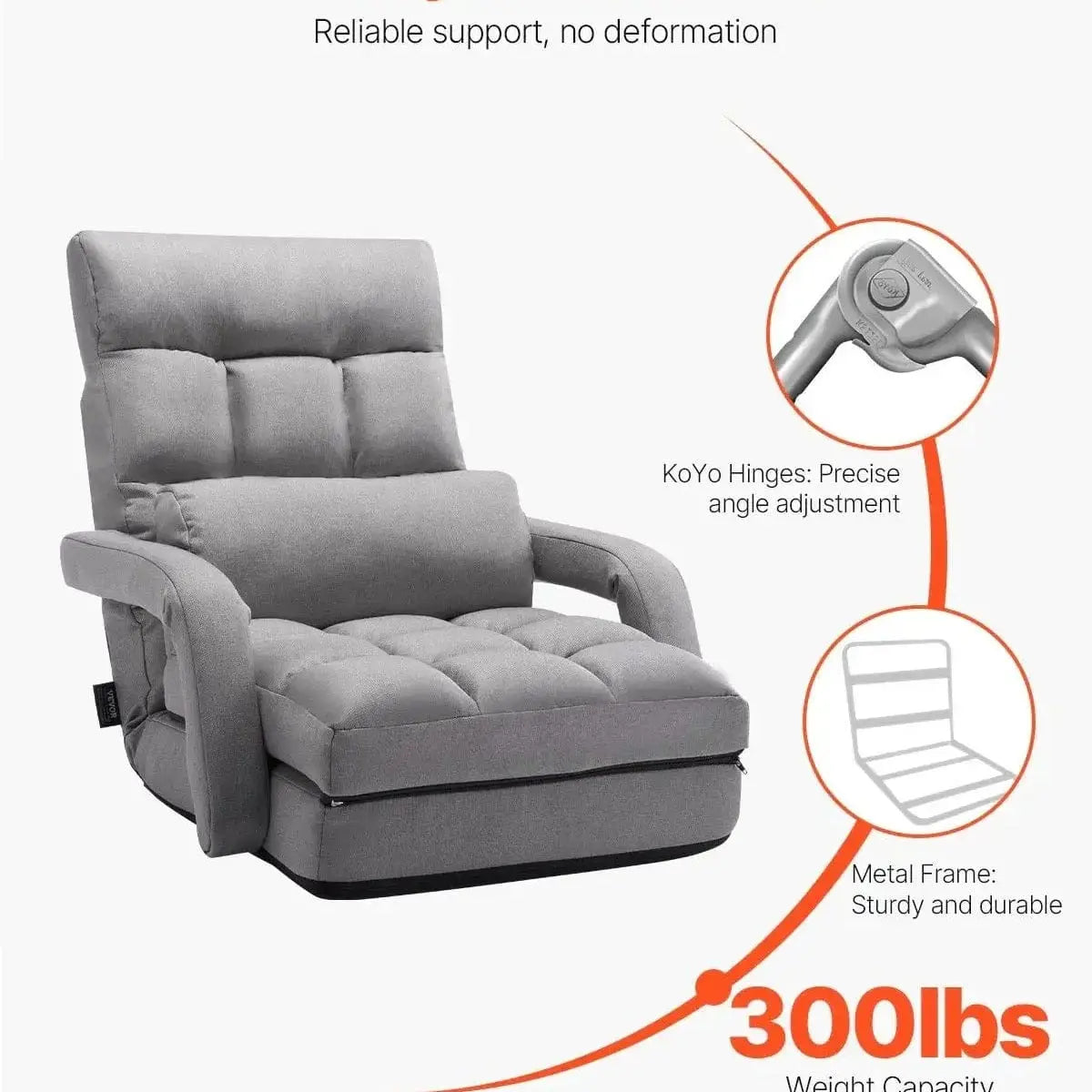 Grey Platinum-Level Office Chairs folding floor chair for gaming and reading, with 5 adjustable positions.