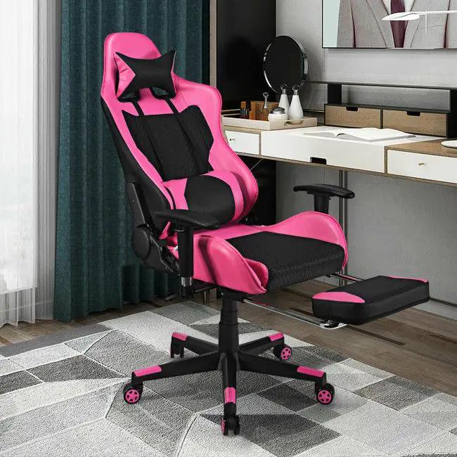 Pink ergonomic gaming chair by Platinum-Level Office Chairs with PU leather and built-in USB massage feature.