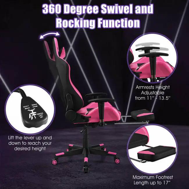 Pink ergonomic gaming chair by Platinum-Level Office Chairs with PU leather and built-in USB massage feature.