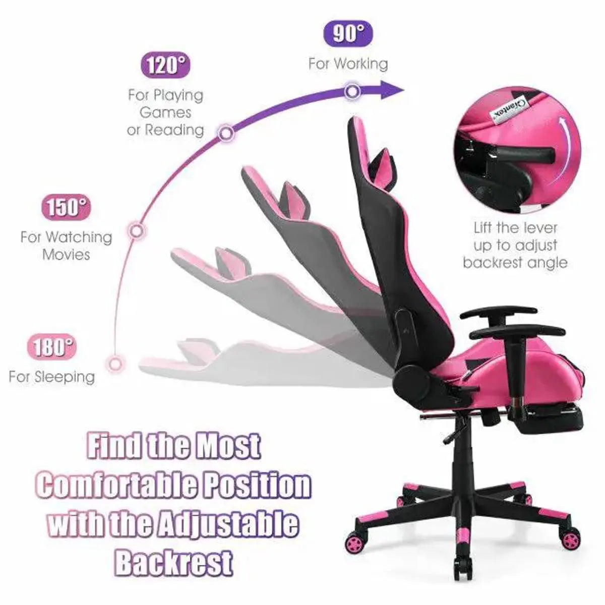 Pink ergonomic PU leather gaming chair with USB massage, designed for comfort and support by Platinum-Level Office Chairs.
