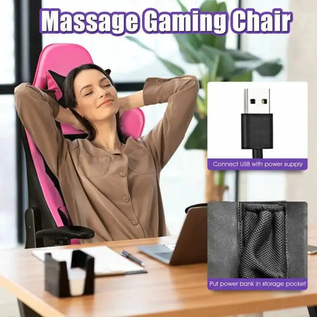 Pink ergonomic PU leather gaming chair from Platinum-Level Office Chairs with USB massage feature and adjustable armrests.