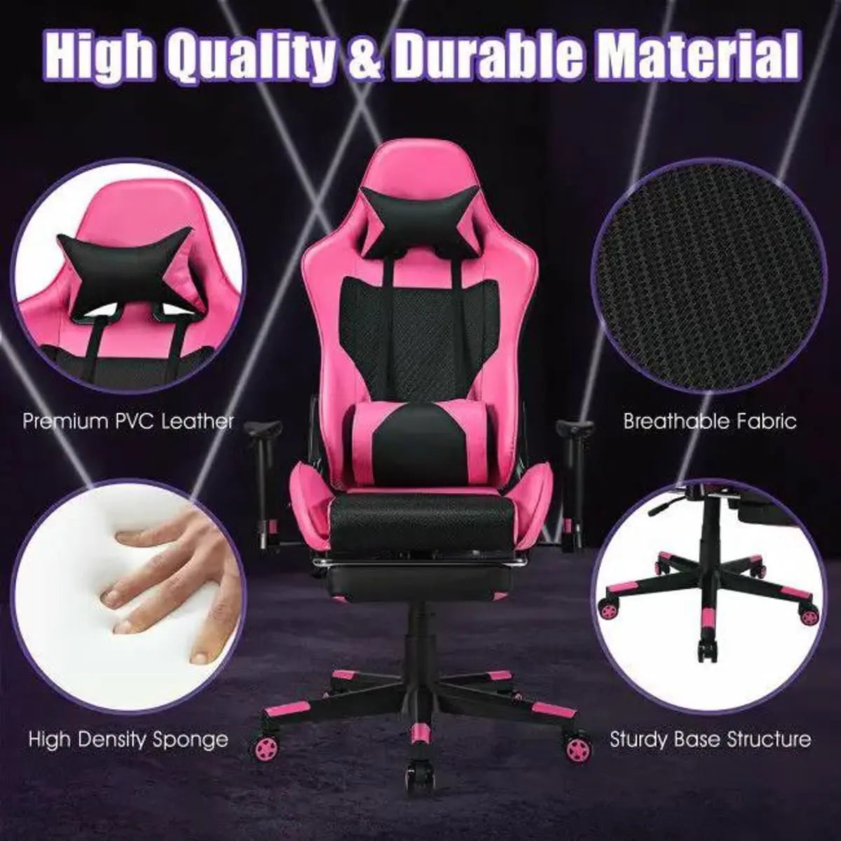 Pink ergonomic PU leather gaming chair with USB massage feature by Platinum-Level Office Chairs, featuring adjustable armrests and high back support.