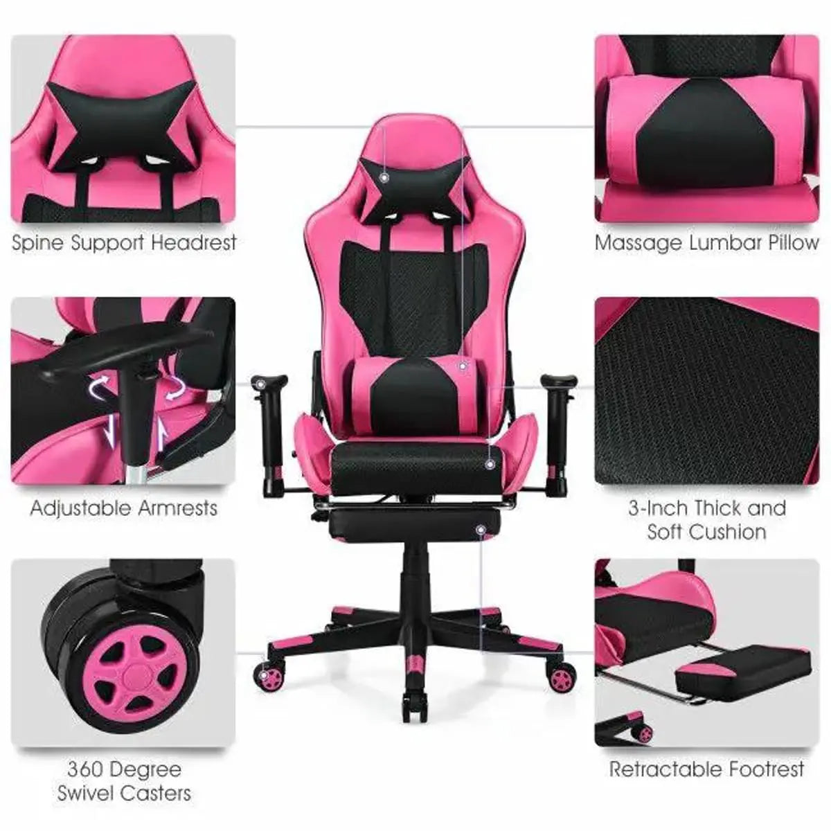 Pink ergonomic gaming chair by Platinum-Level Office Chairs with PU leather and built-in USB massage function.