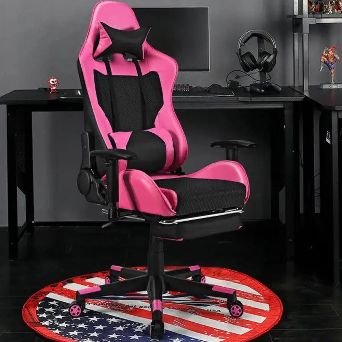 Pink ergonomic PU leather gaming chair by Platinum-Level Office Chairs with USB massage function, adjustable armrests and high back support.