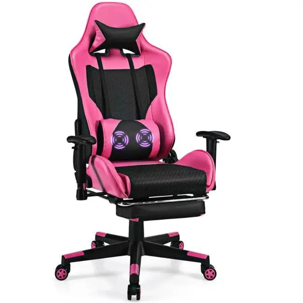 Pink ergonomic gaming chair from Platinum-Level Office Chairs with PU leather and built-in USB massage feature.