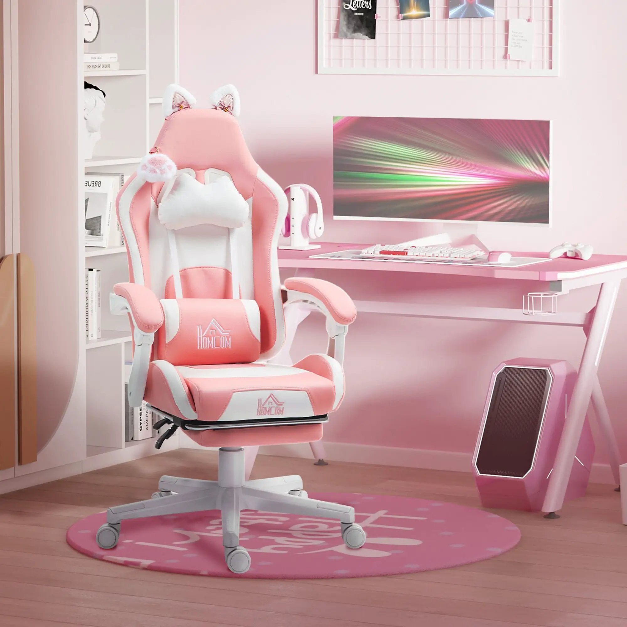 Pink Cat Ear Gaming Chair by Platinum-Level Office Chairs with footrest, lumbar support, and 135-degree recline.
