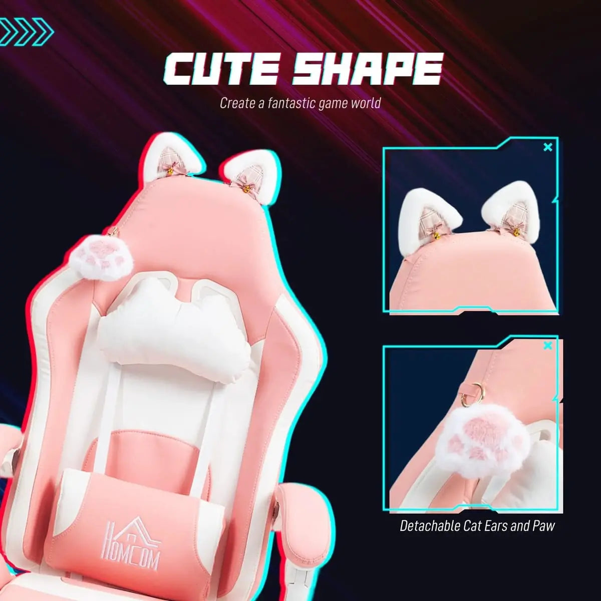 Pink Cat Ear Gaming Chair by Platinum-Level Office Chairs with footrest, lumbar support, and 135-degree reclining angle.