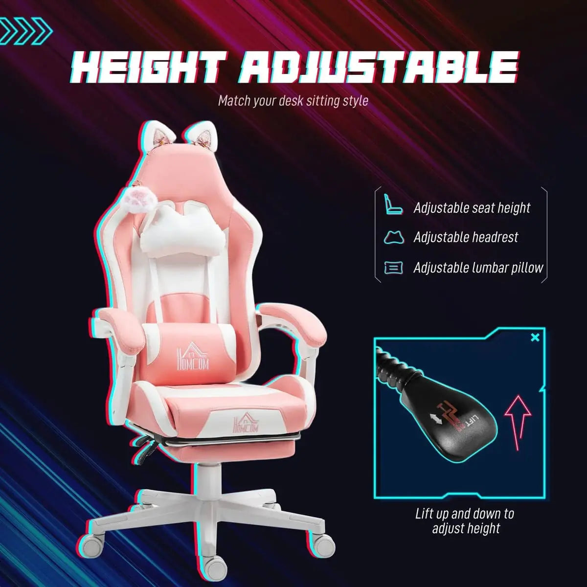 Pink cat ear gaming chair with footrest and lumbar support, 135-degree recline, from Platinum-Level Office Chairs.