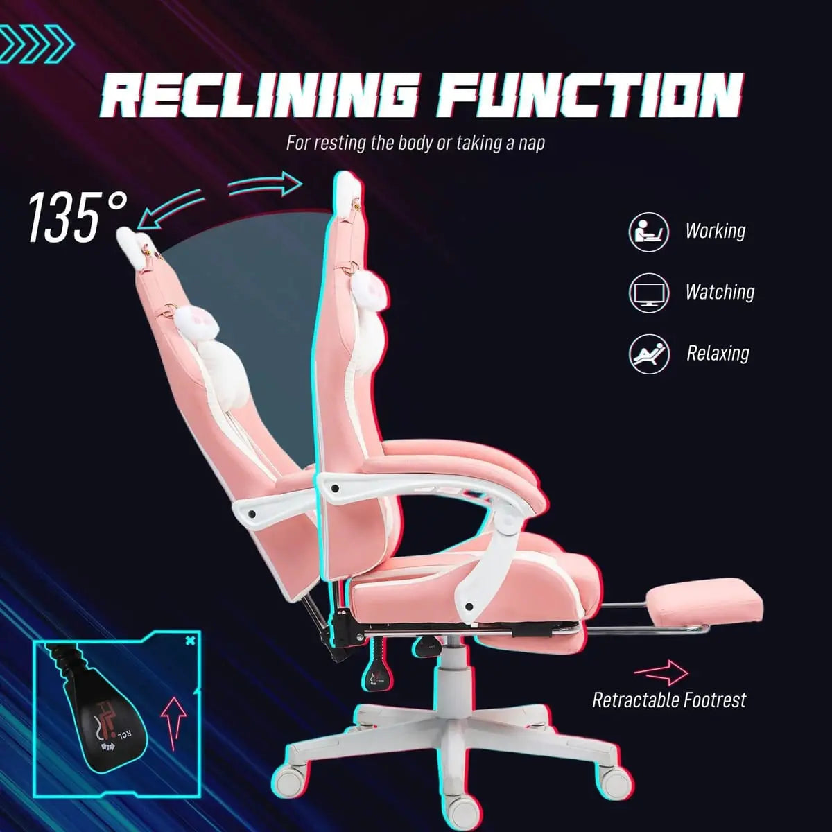 Pink Cat Ear Gaming Chair by Platinum-Level Office Chairs with footrest, lumbar support, and 135-degree recline for comfort.