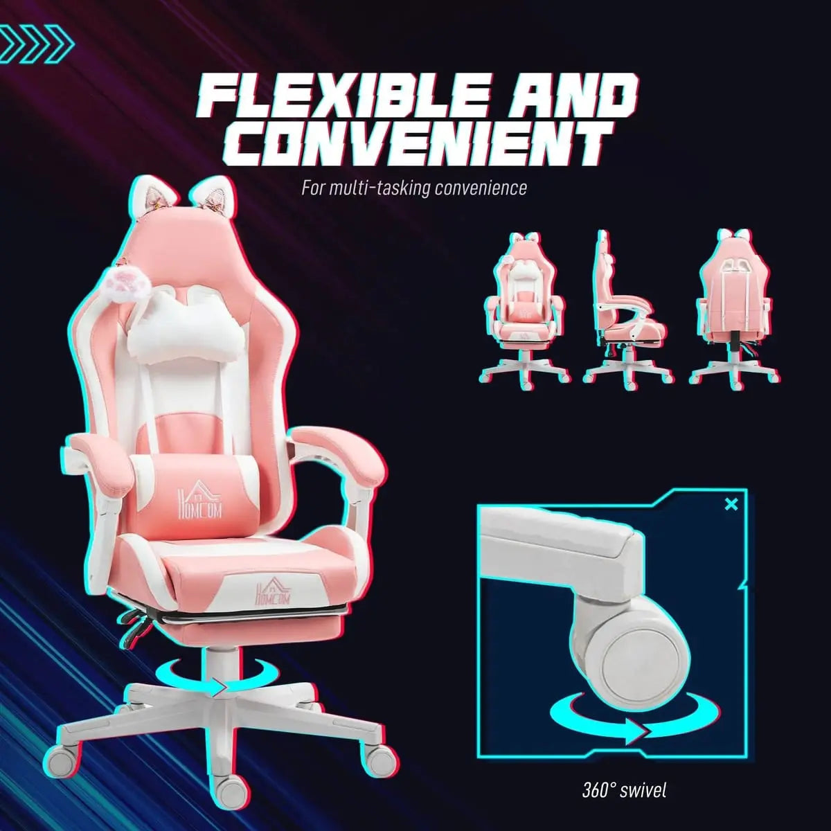 Pink Cat Ear Gaming Chair by Platinum-Level Office Chairs with footrest, lumbar support, and 135-degree reclining angle.