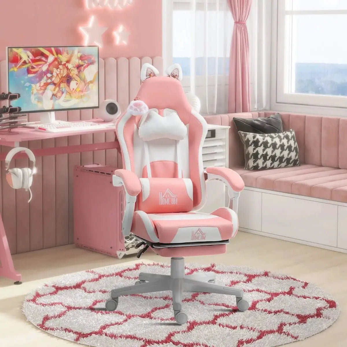Pink Cat Ear Gaming Chair by Platinum-Level Office Chairs with footrest, lumbar support, and 135-degree recline.