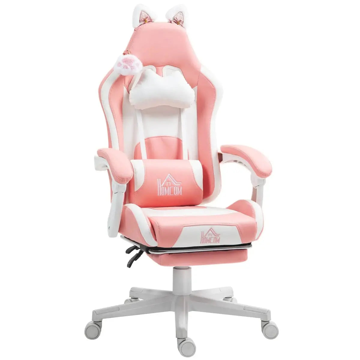 Pink Cat Ear Gaming Chair by Platinum-Level Office Chairs with footrest, lumbar support, and 135-degree recline feature.