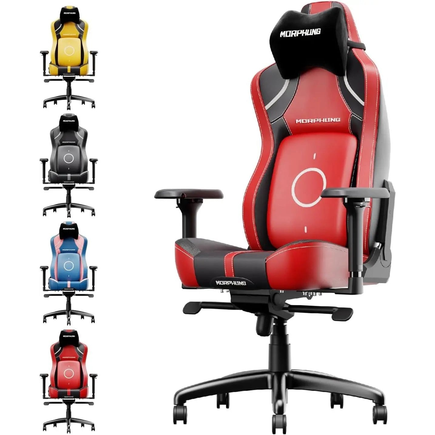 Red and black Morphling ergonomic gaming chair by Platinum-Level Office Chairs with lumbar support, made of PU leather.