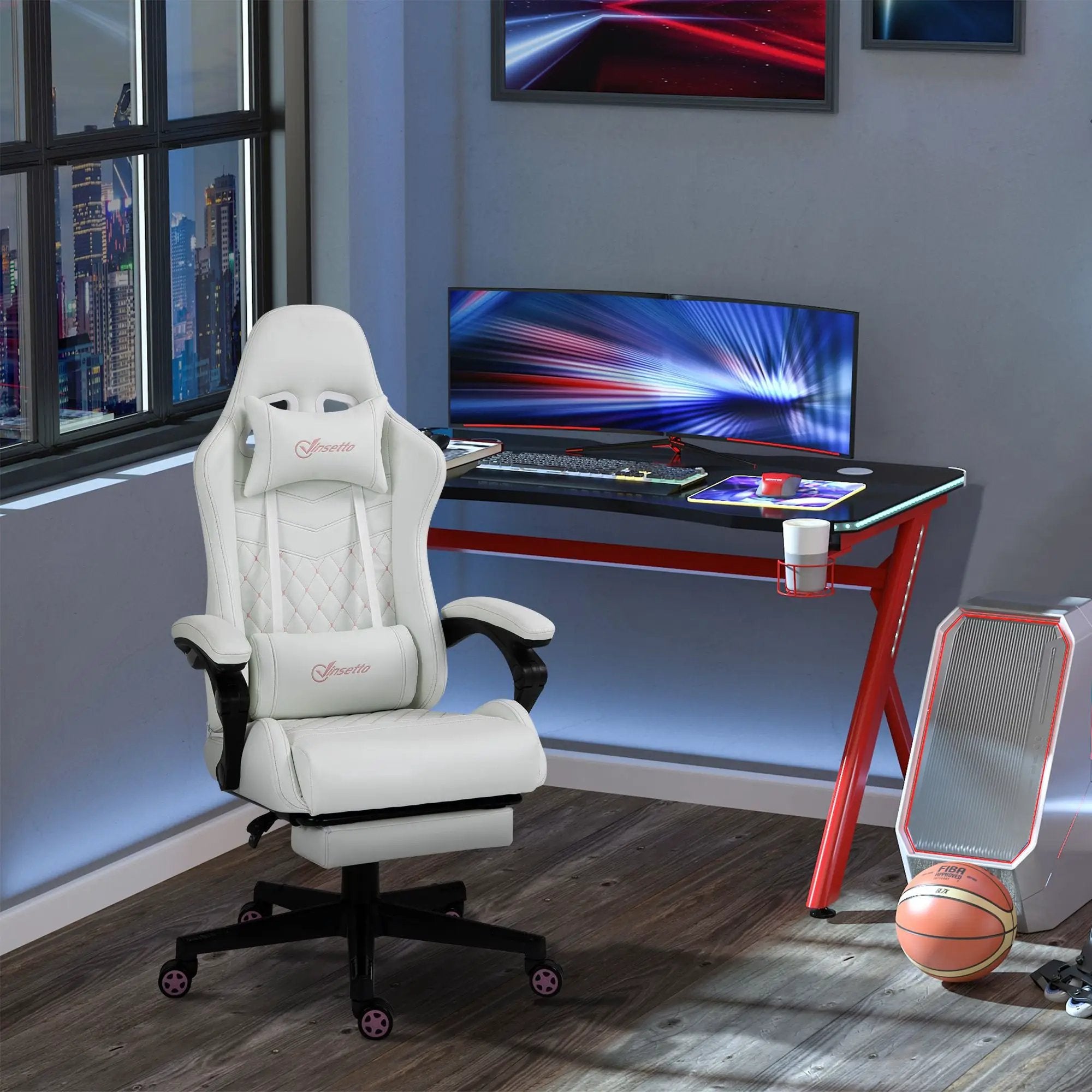 White ergonomic gaming chair by Platinum-Level Office Chairs with PU leather, retractable footrest, adjustable height, high back for work and play.