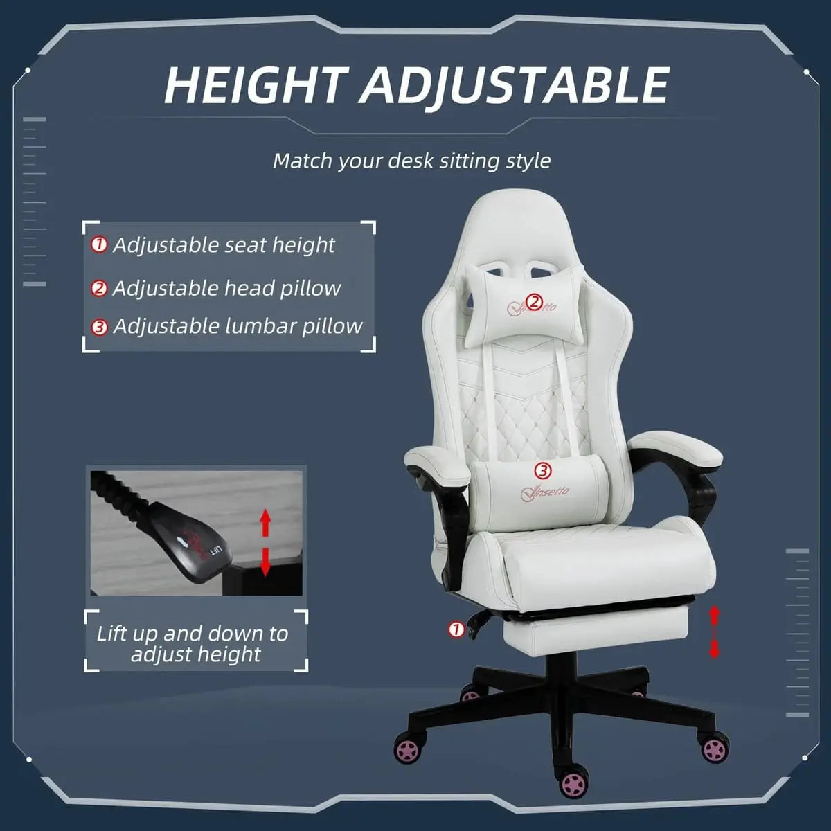 White ergonomic gaming chair by Platinum-Level Office Chairs with PU leather, retractable footrest, adjustable height, high back.