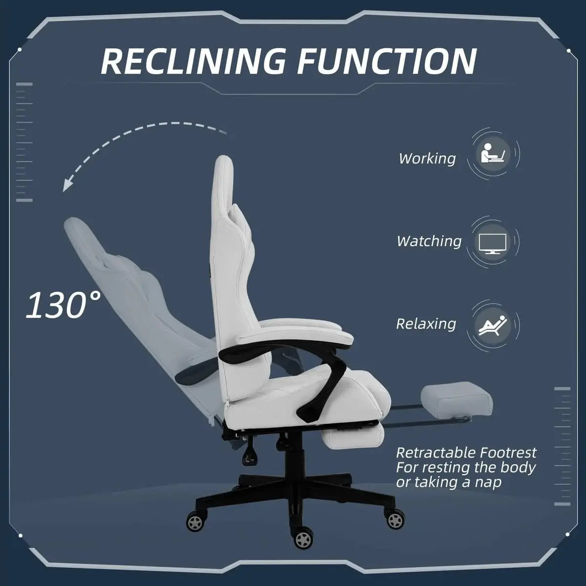 White ergonomic gaming chair by Platinum-Level Office Chairs with PU leather, retractable footrest, high back, and adjustable height.