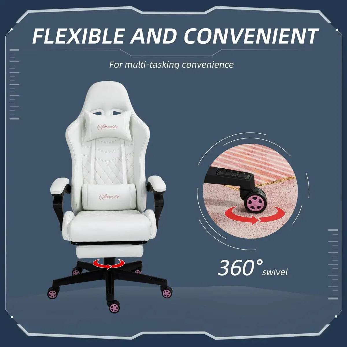 White ergonomic PU leather gaming chair with retractable footrest, high back, and adjustable height for work and play.
