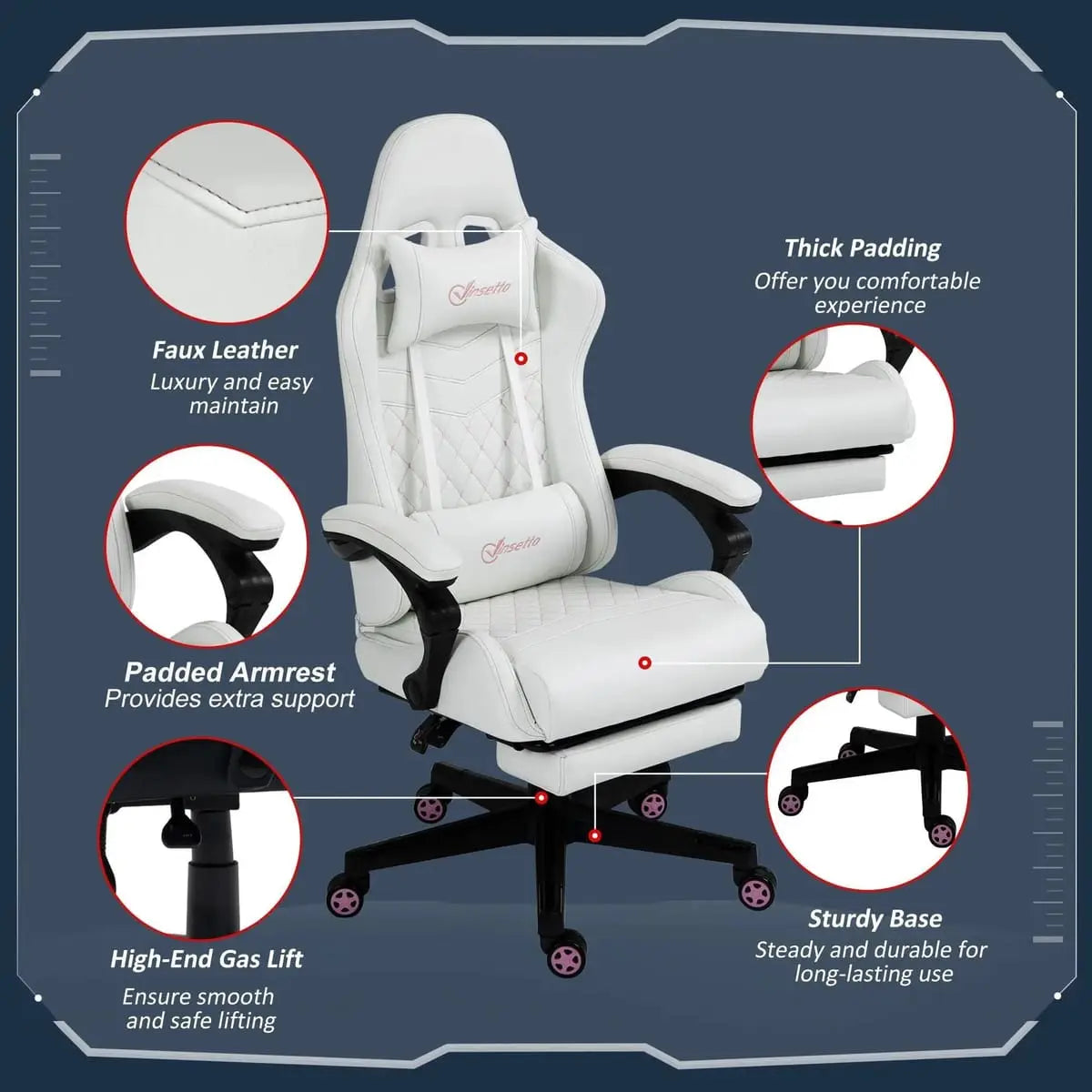 White ergonomic PU leather gaming chair with high back, retractable footrest, and adjustable height, designed for work and play.