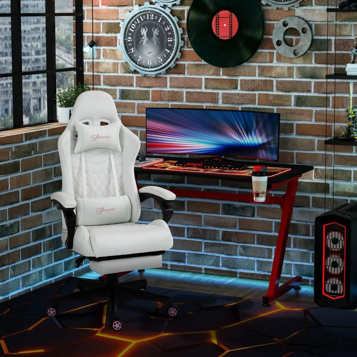 White ergonomic gaming chair by Platinum-Level Office Chairs with PU leather, retractable footrest, adjustable height, high back.