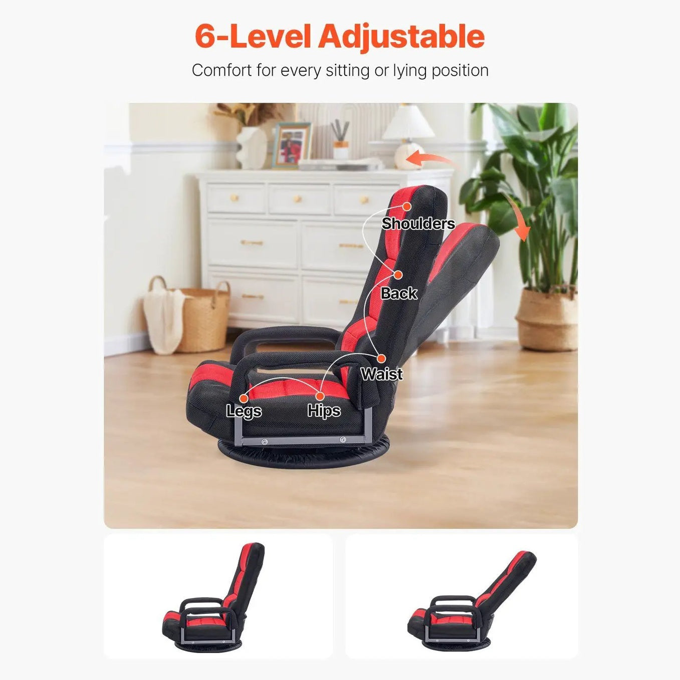 Platinum-Level Office Chairs ergonomic swivel gaming chair with 6-level lumbar support and handrails, designed for comfort and space.