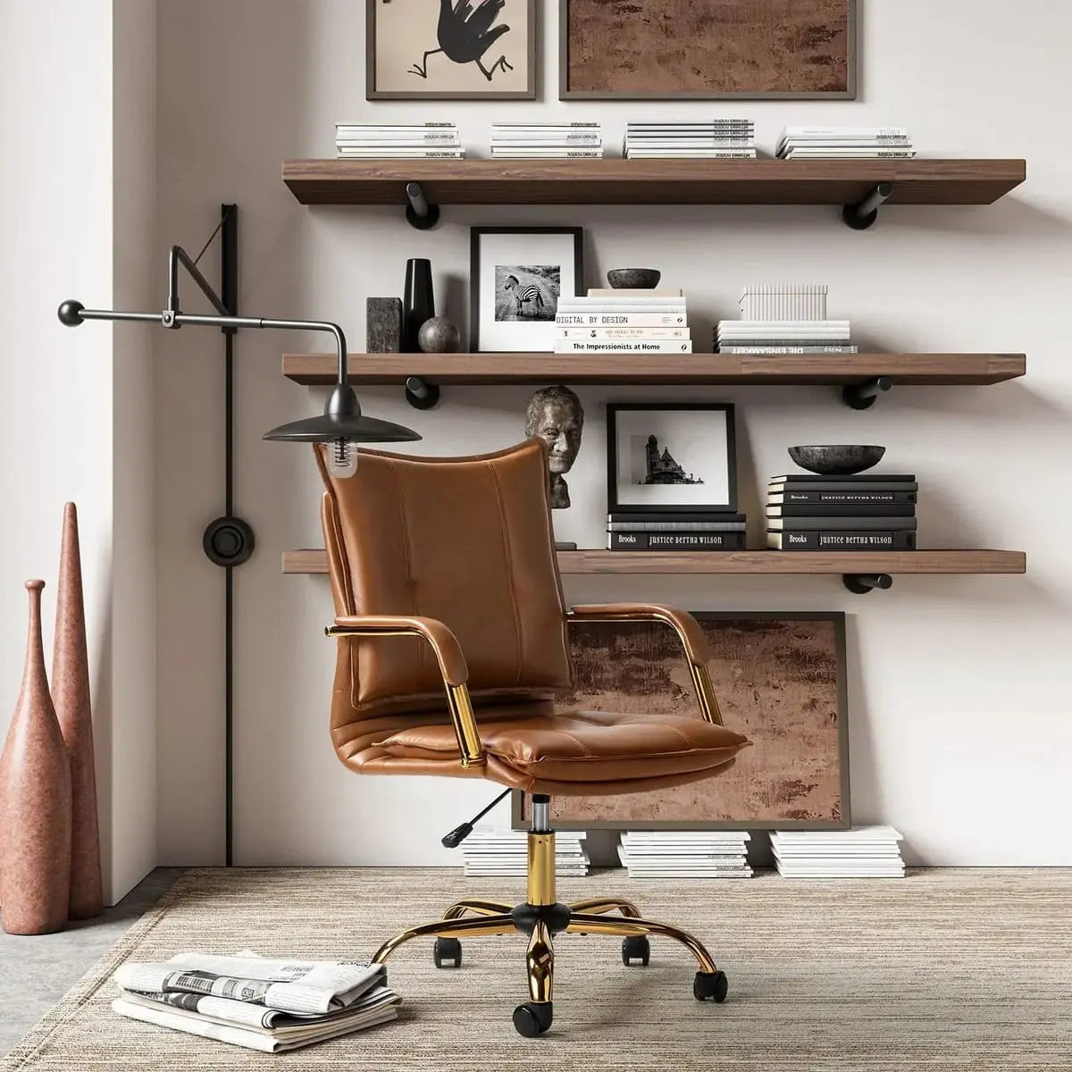 Modern Executive Black Faux Leather Office Chair Gold Base - Ergonomic Swivel & Adjustable Height for Professionals. Platinum-Level Office Chairs