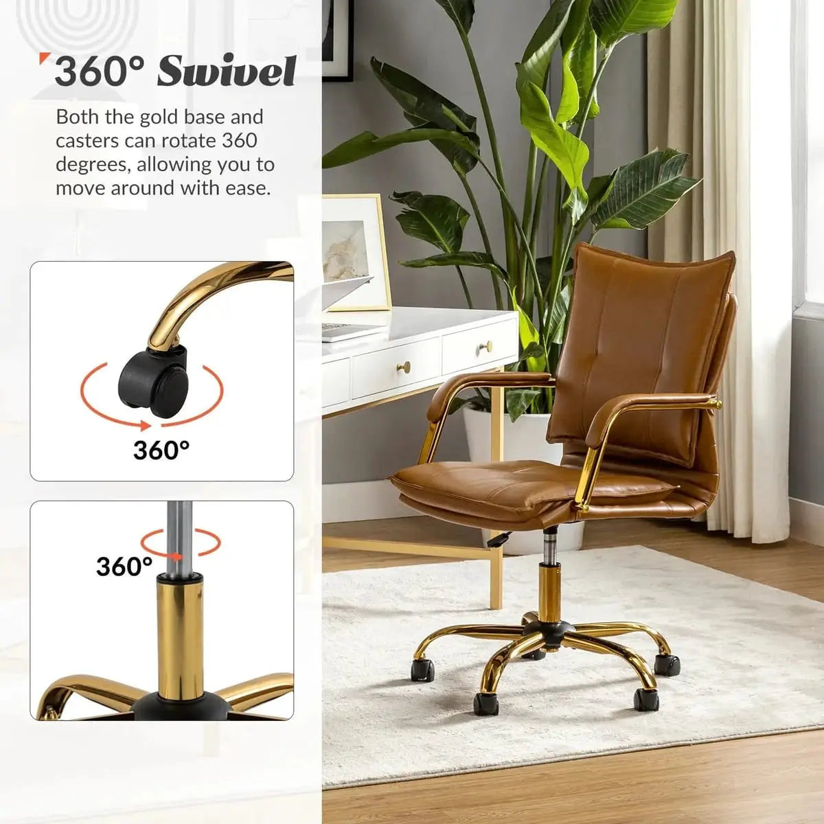 Modern Executive Black Faux Leather Office Chair Gold Base - Ergonomic Swivel & Adjustable Height for Professionals. Platinum-Level Office Chairs