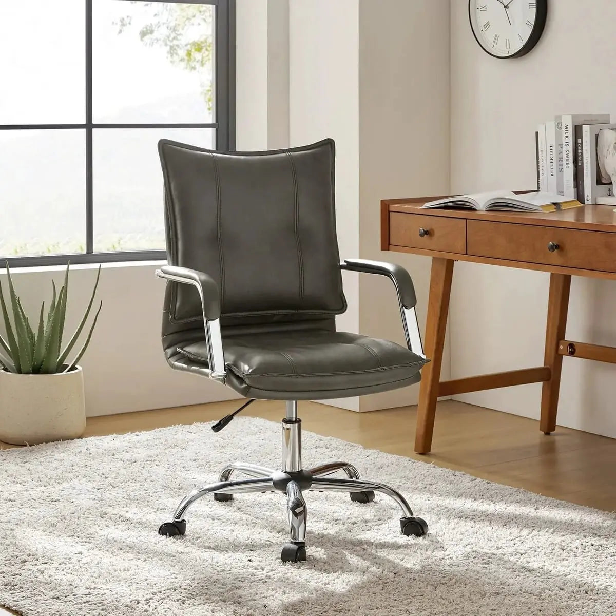 Modern Executive Black Faux Leather Office Chair Gold Base - Ergonomic Swivel & Adjustable Height for Professionals. Platinum-Level Office Chairs