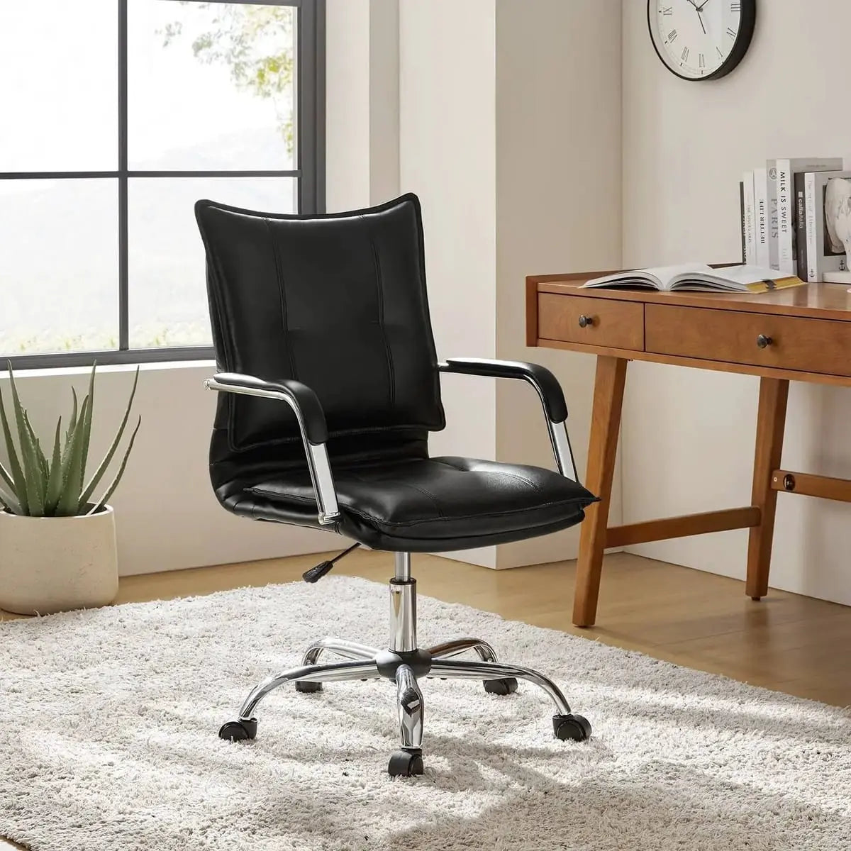 Modern Executive Black Faux Leather Office Chair Gold Base - Ergonomic Swivel & Adjustable Height for Professionals. Platinum-Level Office Chairs