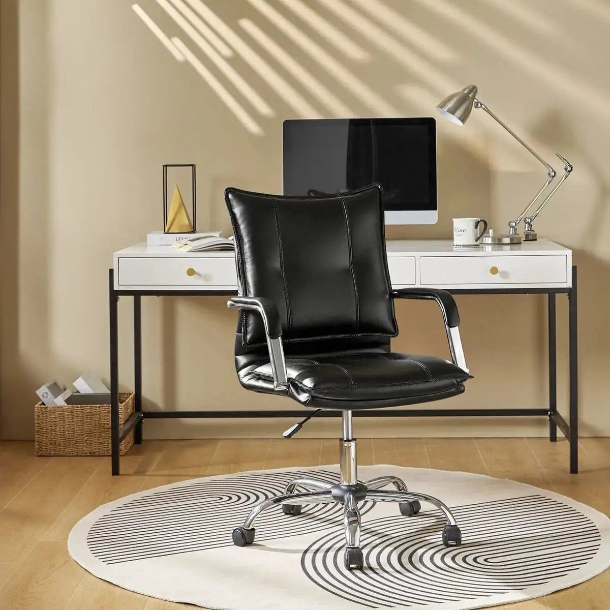 Modern Executive Black Faux Leather Office Chair Gold Base - Ergonomic Swivel & Adjustable Height for Professionals. Platinum-Level Office Chairs