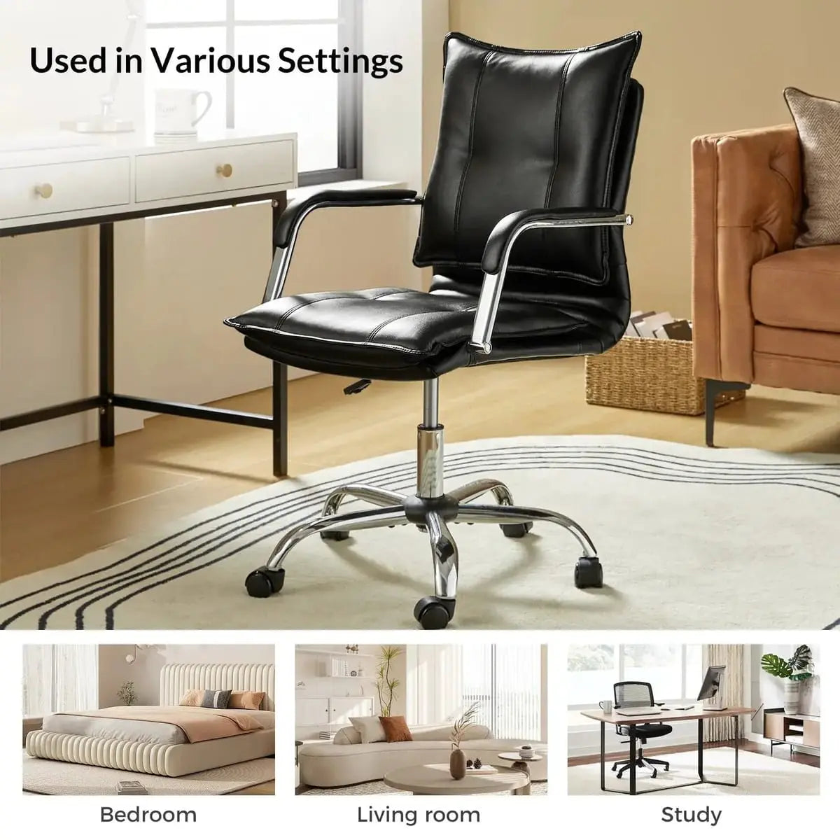 Modern Executive Black Faux Leather Office Chair Gold Base - Ergonomic Swivel & Adjustable Height for Professionals. Platinum-Level Office Chairs