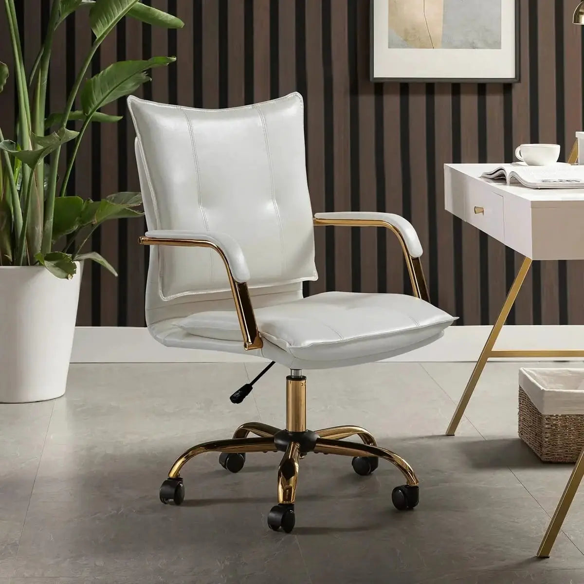 Modern Executive Black Faux Leather Office Chair Gold Base - Ergonomic Swivel & Adjustable Height for Professionals. Platinum-Level Office Chairs