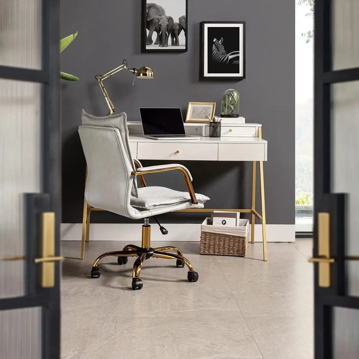 Modern Executive Black Faux Leather Office Chair Gold Base - Ergonomic Swivel & Adjustable Height for Professionals. Platinum-Level Office Chairs