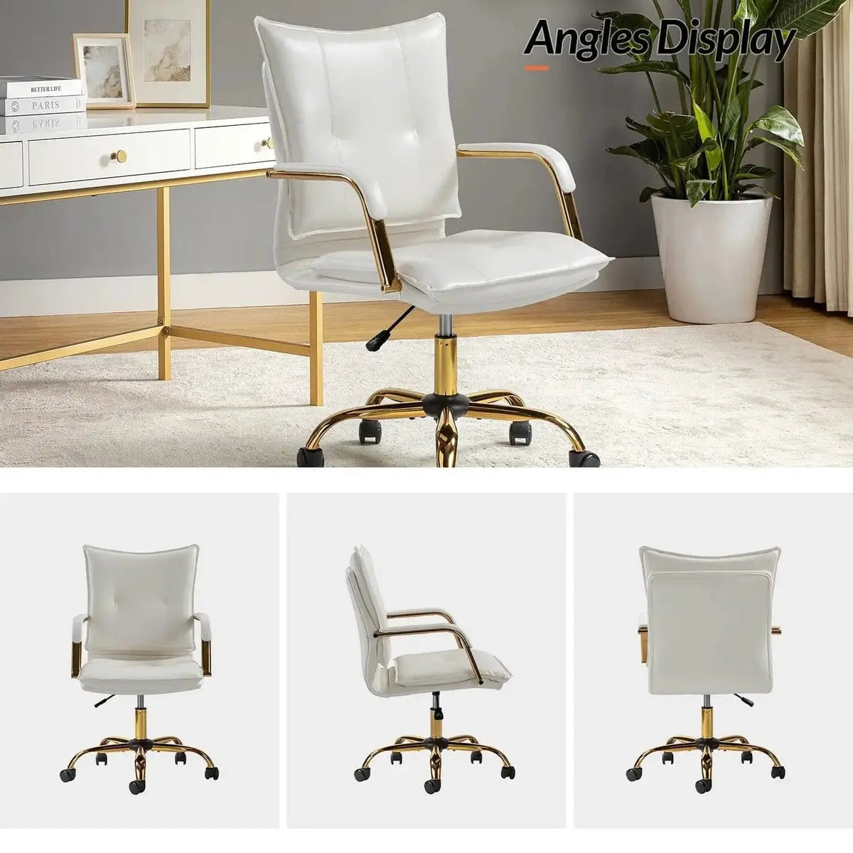 Modern Executive Black Faux Leather Office Chair Gold Base - Ergonomic Swivel & Adjustable Height for Professionals. Platinum-Level Office Chairs