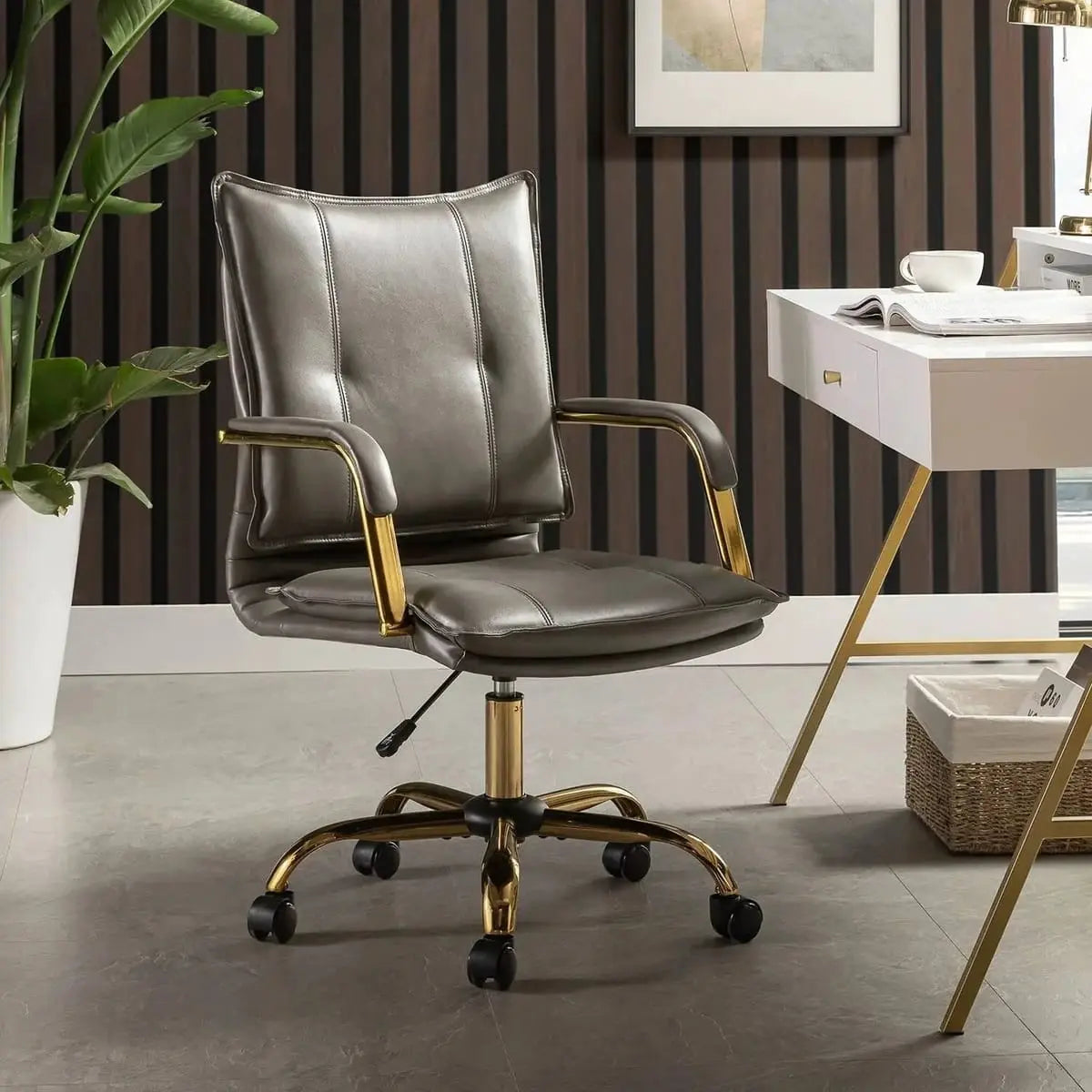 Modern Executive Black Faux Leather Office Chair Gold Base - Ergonomic Swivel & Adjustable Height for Professionals. Platinum-Level Office Chairs