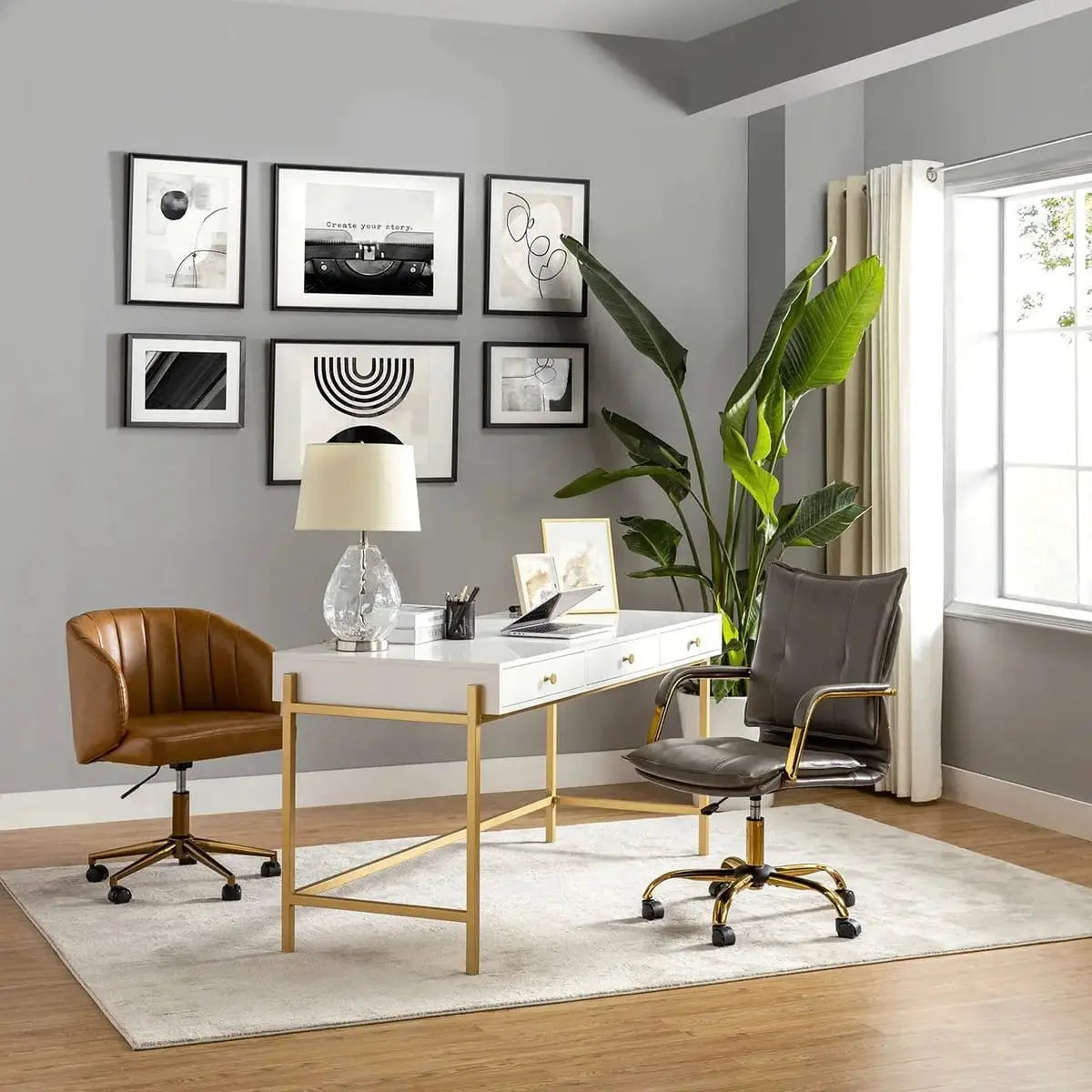 Modern Executive Black Faux Leather Office Chair Gold Base - Ergonomic Swivel & Adjustable Height for Professionals. Platinum-Level Office Chairs