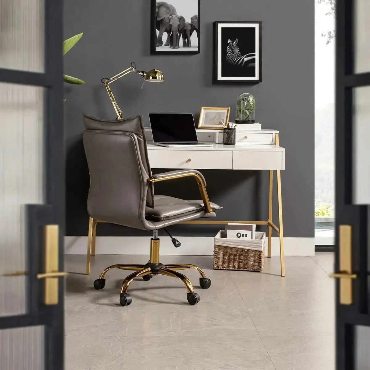 Modern Executive Black Faux Leather Office Chair Gold Base - Ergonomic Swivel & Adjustable Height for Professionals. Platinum-Level Office Chairs