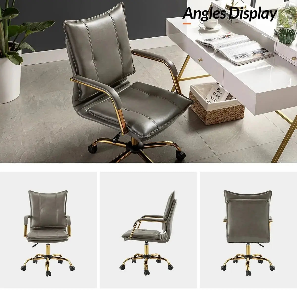 Modern Executive Black Faux Leather Office Chair Gold Base - Ergonomic Swivel & Adjustable Height for Professionals. Platinum-Level Office Chairs
