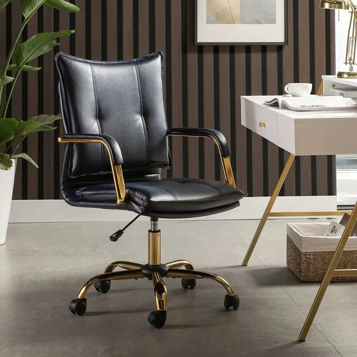 Modern Executive Black Faux Leather Office Chair Gold Base - Ergonomic Swivel & Adjustable Height for Professionals. Platinum-Level Office Chairs