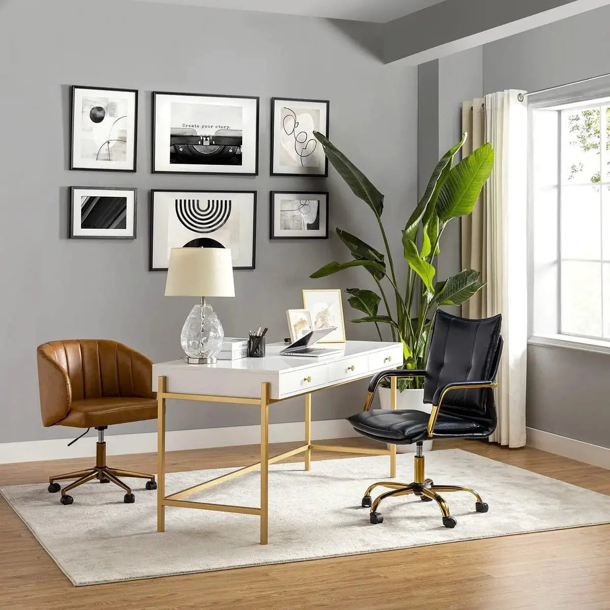 Modern Executive Black Faux Leather Office Chair Gold Base - Ergonomic Swivel & Adjustable Height for Professionals. Platinum-Level Office Chairs