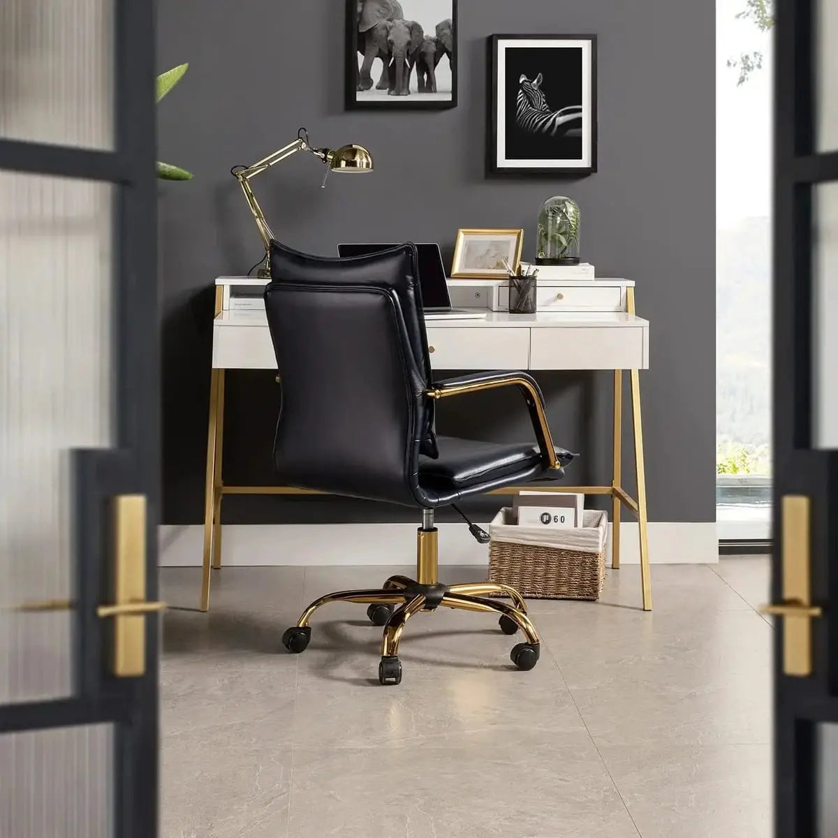 Modern Executive Black Faux Leather Office Chair Gold Base - Ergonomic Swivel & Adjustable Height for Professionals. Platinum-Level Office Chairs