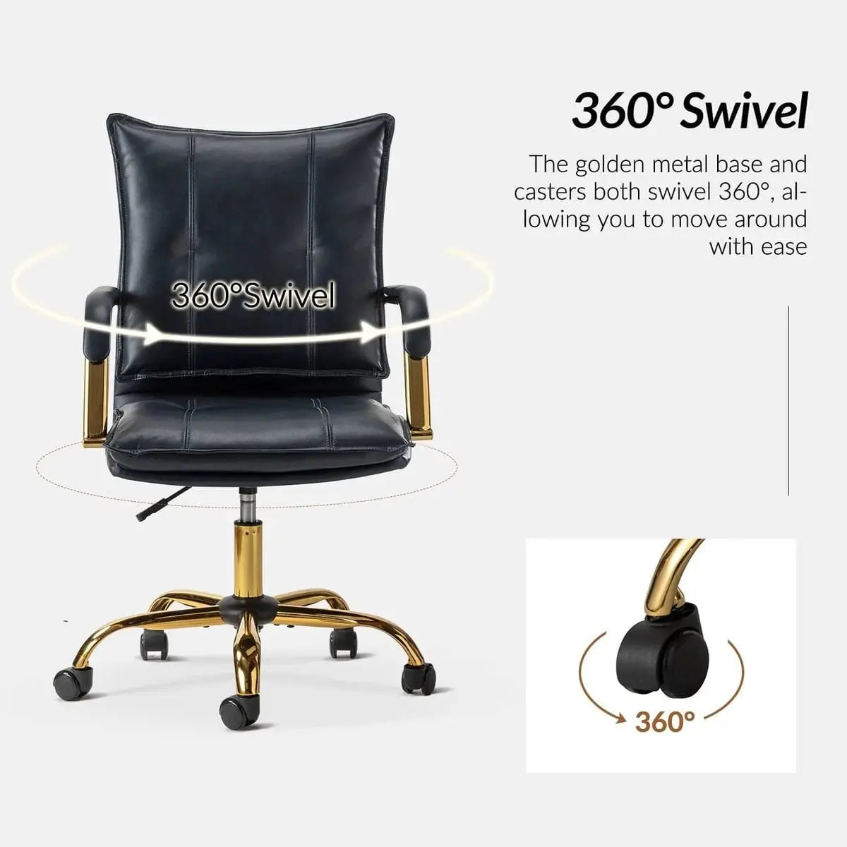 Modern Executive Black Faux Leather Office Chair Gold Base - Ergonomic Swivel & Adjustable Height for Professionals. Platinum-Level Office Chairs