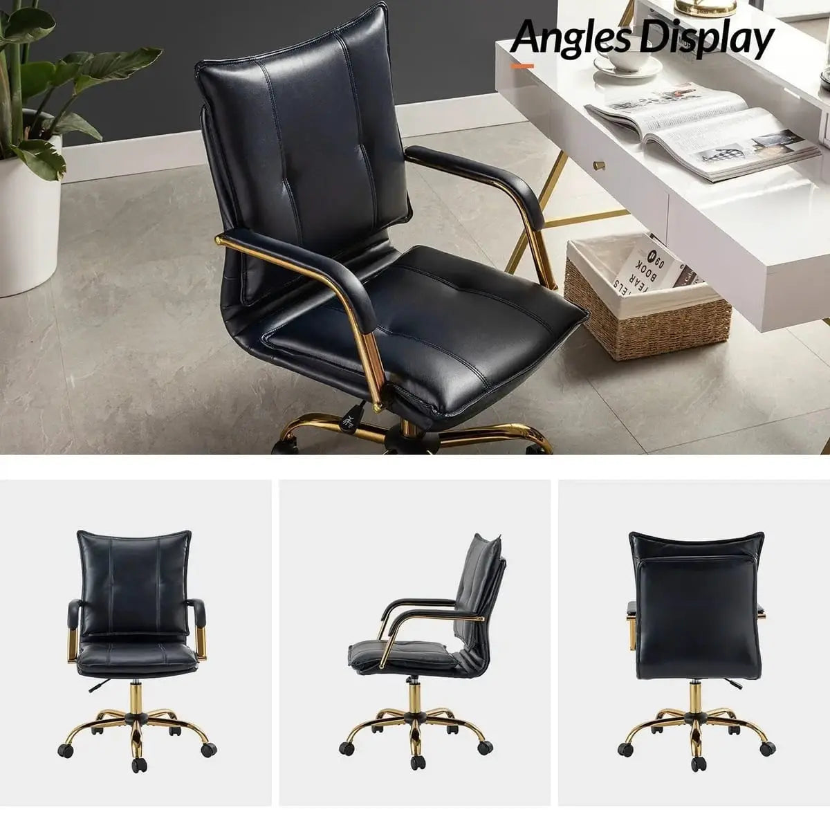 Modern Executive Black Faux Leather Office Chair Gold Base - Ergonomic Swivel & Adjustable Height for Professionals. Platinum-Level Office Chairs