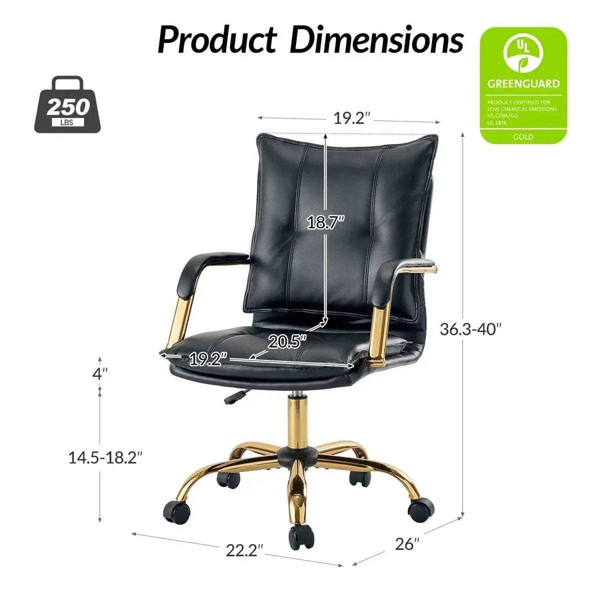 Modern Executive Black Faux Leather Office Chair Gold Base - Ergonomic Swivel & Adjustable Height for Professionals. Platinum-Level Office Chairs